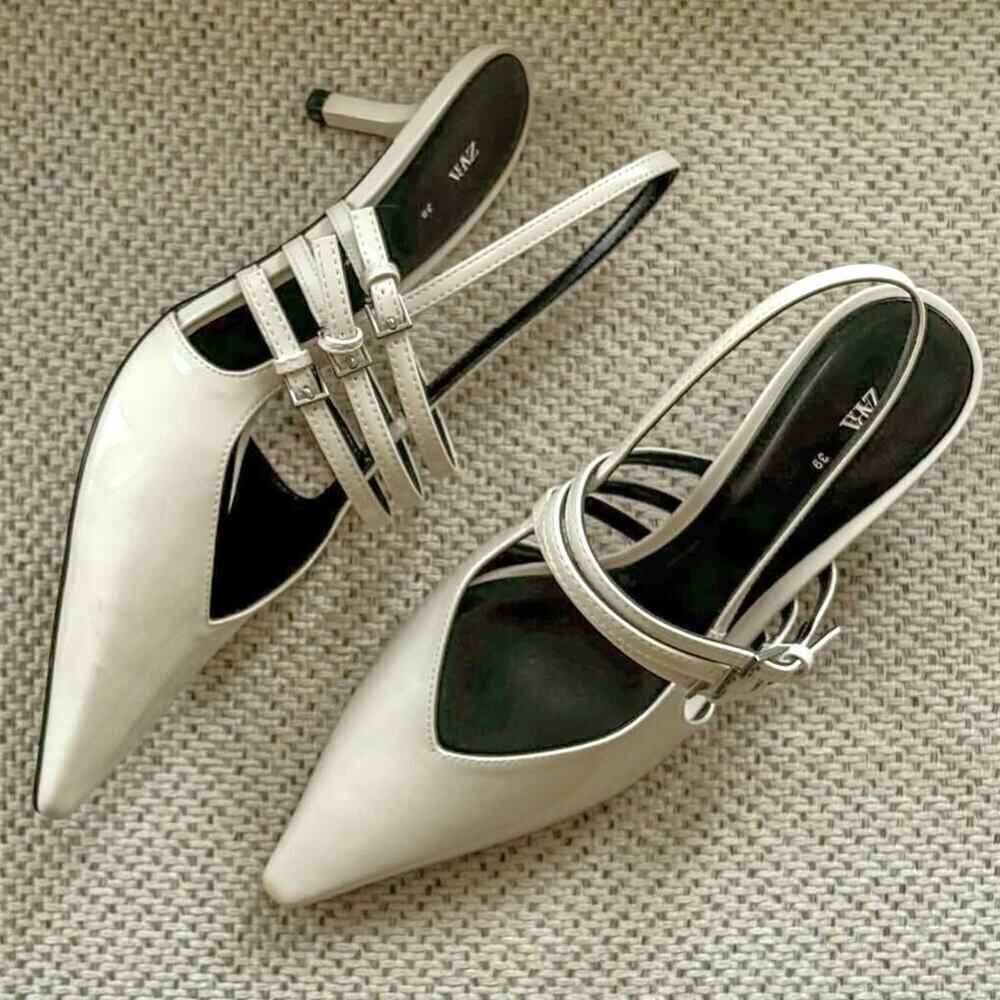 ZARA White Slingback Kitten Heels NWT Pointed Toe Buckle Strap Pumps Size 8 - Picture 12 of 16